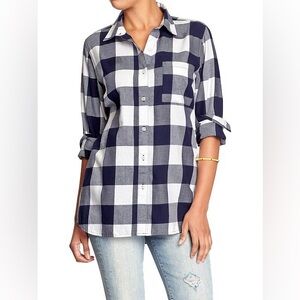 OLD NAVY White & Navy Blue Plaid Flannel Button-Up Shirt Size Medium